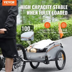 vevor bike cargo trailer, 100 lbs load capacity, heavy duty bicycle wagon cart, foldable compact storage with universal hitch, waterproof cover, 16" wheels, safe reflectors, fits 22" 28" bike wheels