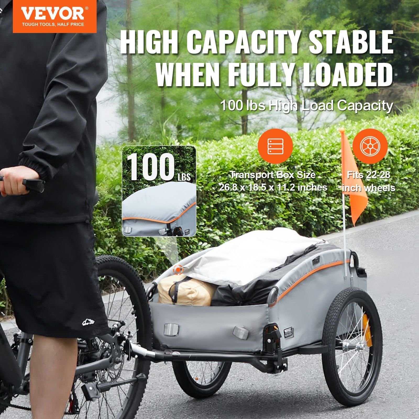 vevor bike cargo trailer, 100 lbs load capacity, heavy duty bicycle wagon cart, foldable compact storage with universal hitch, waterproof cover, 16" wheels, safe reflectors, fits 22" 28" bike wheels vevor bike cargo trailer, 100 lbs load capacity, heavy duty bicycle wagon cart, foldable compact storage with universal hitch, waterproof cover, 16" wheels, safe reflectors, fits 22" 28" bike wheels