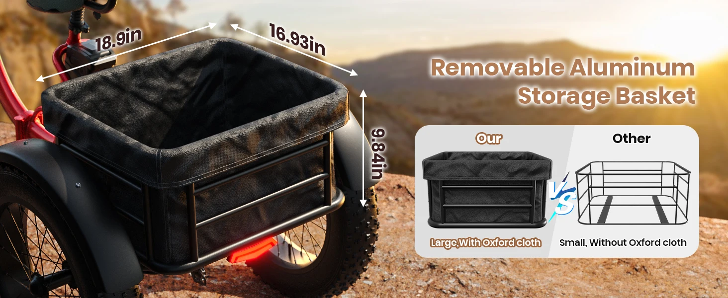 QRONGE Lava 750W Electric Tricycle for Adults with LCD Display-Gray Rear storage basket and seat with backrest on QRONGE Lava trike