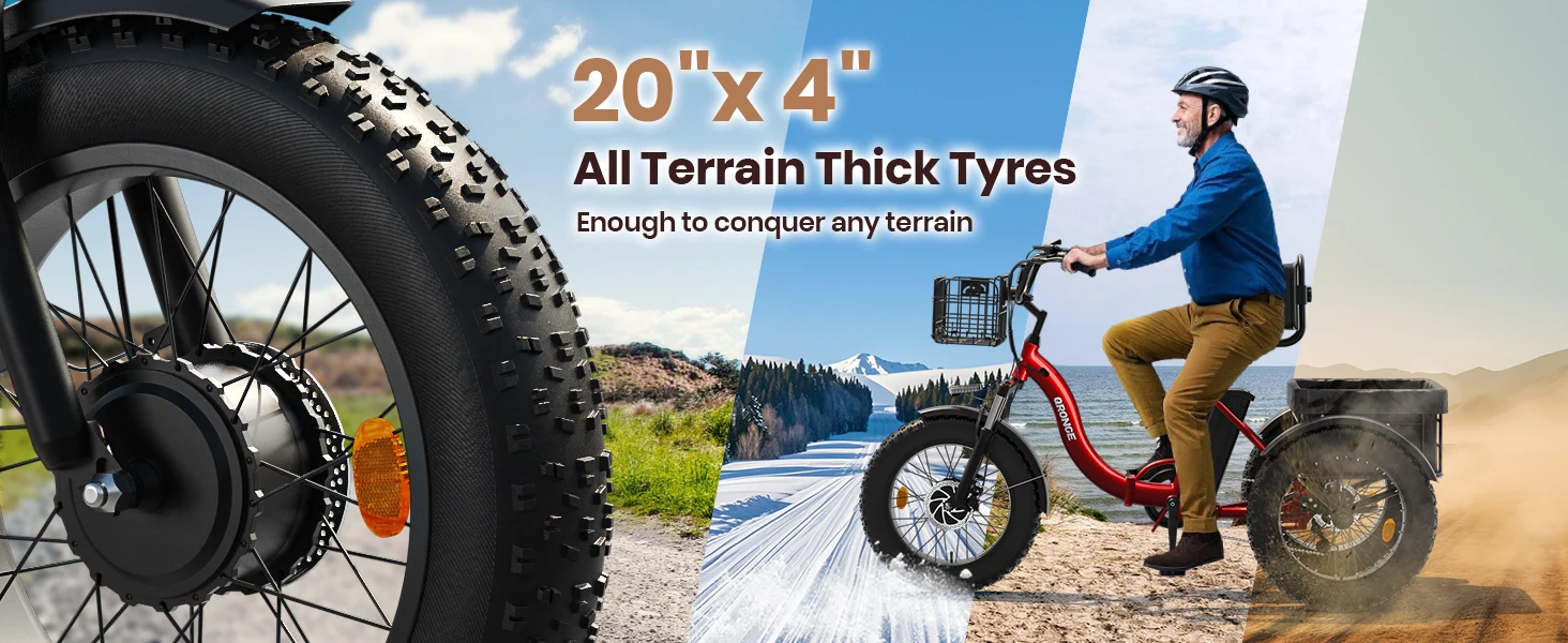 QRONGE Lava 750W Electric Tricycle for Adults with LCD Display-Gray Side view of QRONGE Lava electric tricycle showing fat tires