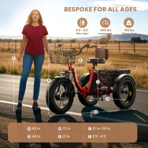 qronge electric bike for adults 960w peak 36v 13.5ah battery folding electric tricycle 50 miles range fat tire electric trike red