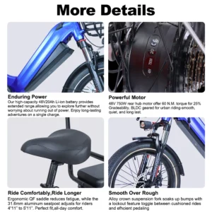 2025 cargo electric bike for adults,1400w peak 48v 20ah li ion family cargo e bike long tail, 20"*3 utility e bike man woman