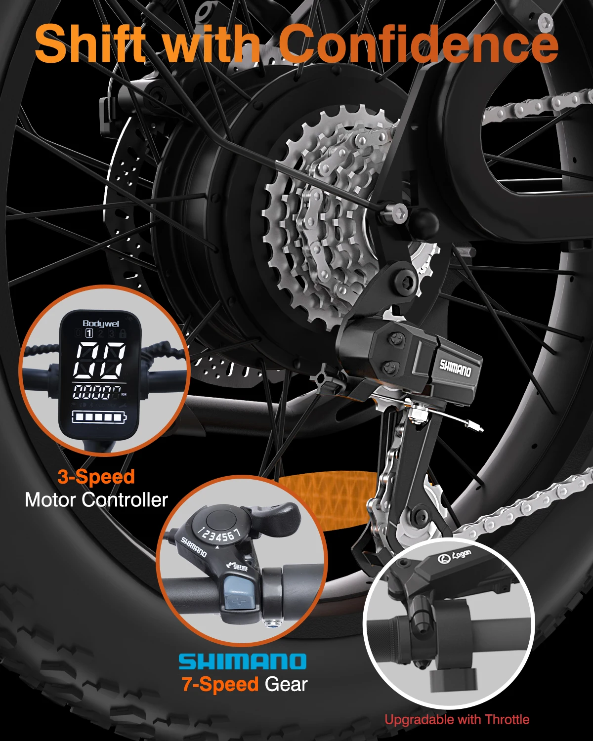 Bodywel F20 500W Fat Tire Electric Bike 48V — Smart App Control Rear hub motor and drivetrain system
