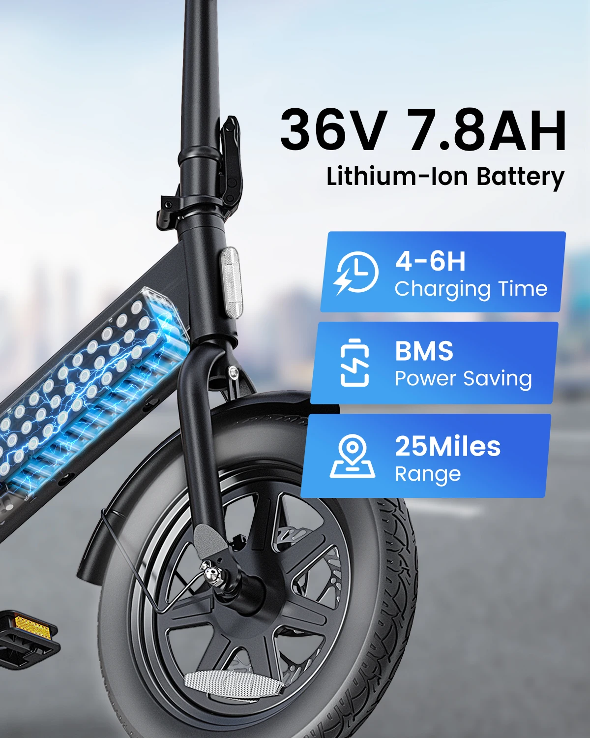 DYU C3-14 Folding Electric Bike 36V 350W – 14" Wheels DYU C3-14 close-up of front fork and disc brake