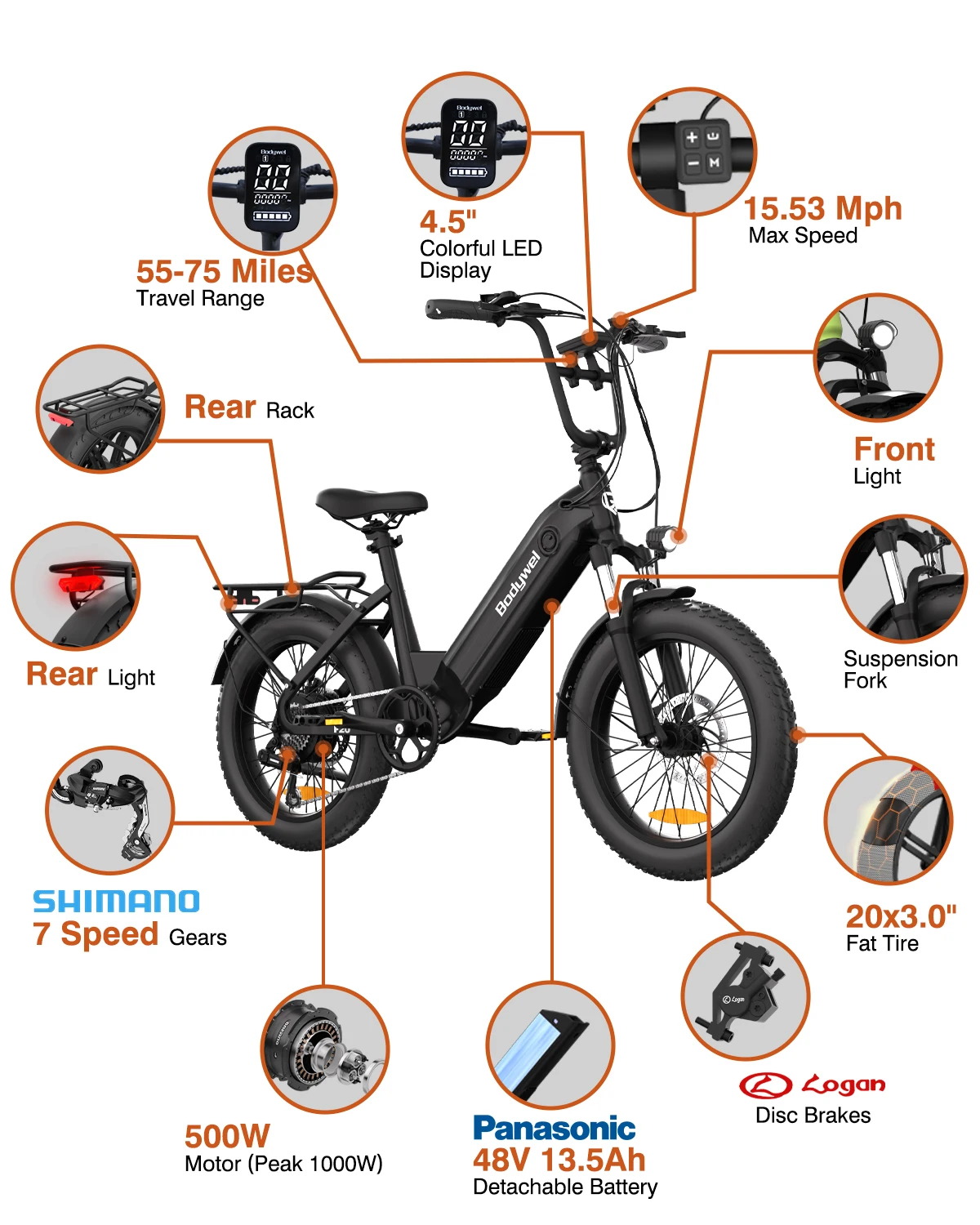 Bodywel F20 500W Fat Tire Electric Bike 48V — Smart App Control F6 Folding Electric Mountain Bike 48V 350W – full side view