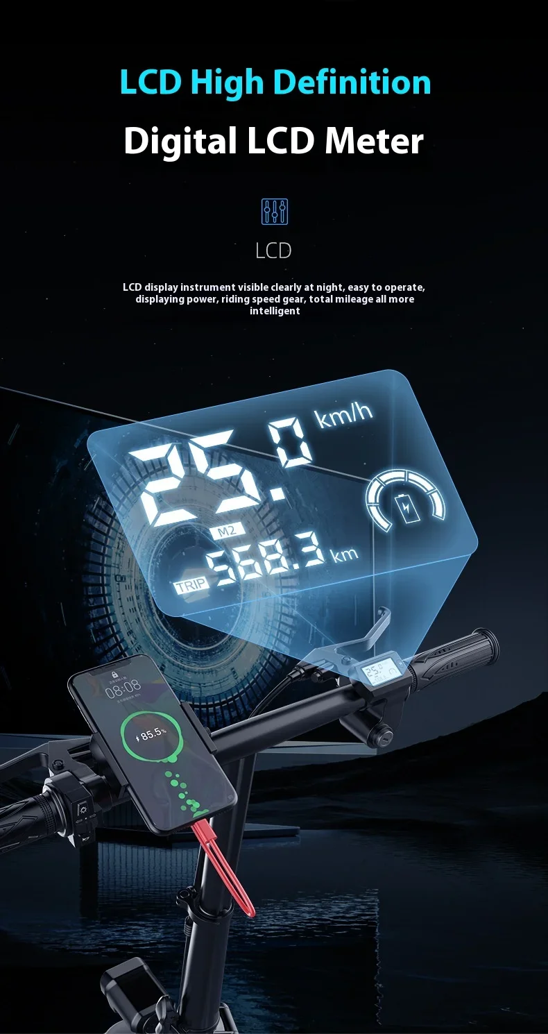 Folding Electric Mountain Bike 48V 350W – Dual Suspension Handlebar LCD control display showing speed and battery