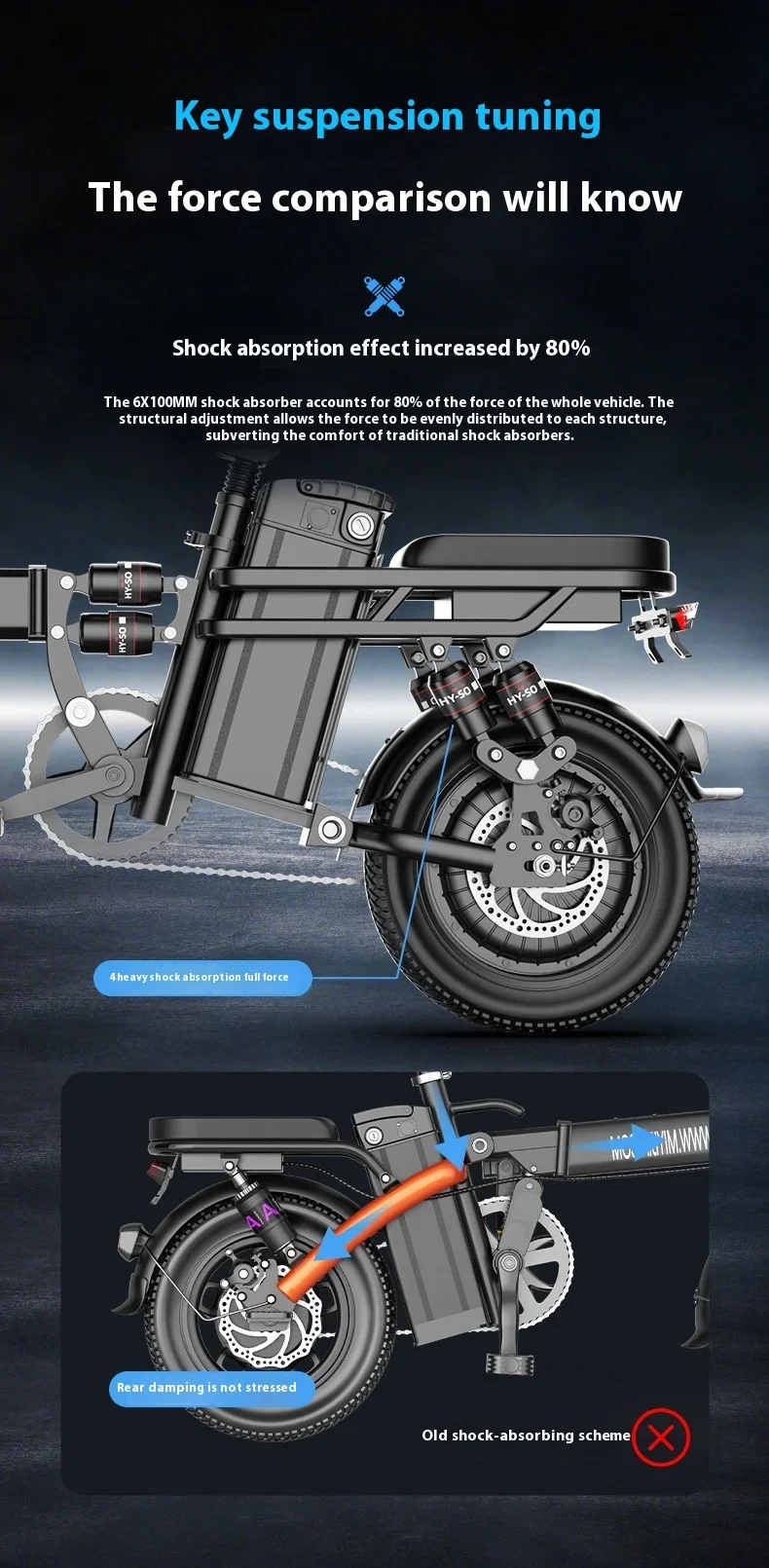 Folding Electric Mountain Bike 48V 350W – Dual Suspension Electric Mountain Bike close-up of front suspension fork