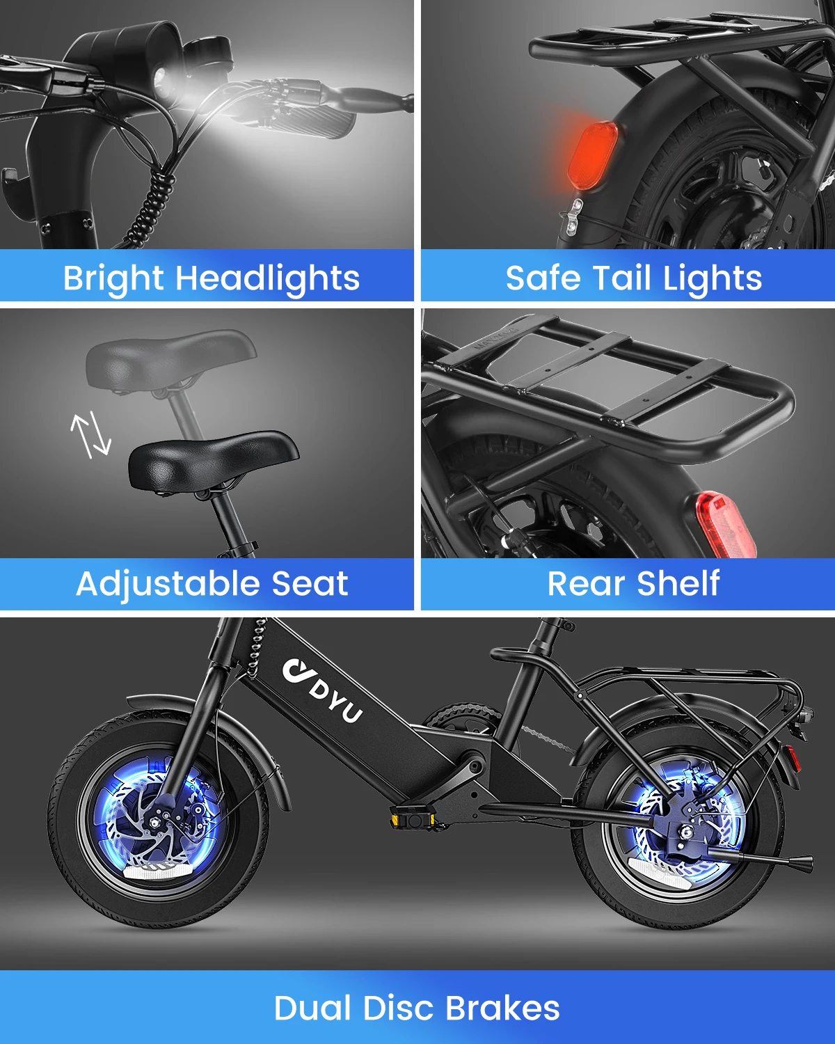 DYU C3-14 Folding Electric Bike 36V 350W – 14" Wheels DYU C3-14 cockpit view with brake levers and grips