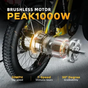 1000w folding electric bike,48v 20.8ah removable battery ebike,30+mph,80 miles max range electric bike for adults, 20" fat tire