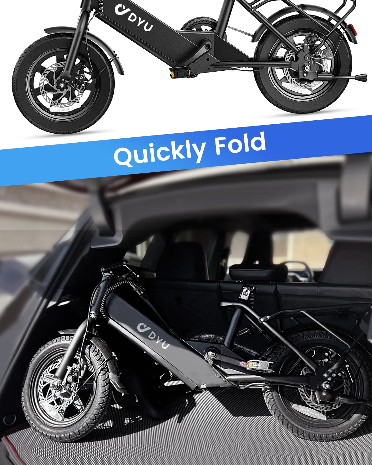 DYU C3-14 Folding Electric Bike 36V 350W – 14" Wheels DYU C3-14 front light and fork crown close-up