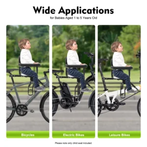 front mounted kids bike seat, dual point fixation bicycle mounted children carrier load 80kg, safety guardrails chair for e bike