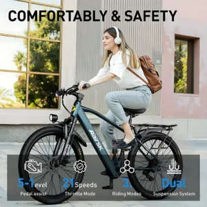 26'' electric bike for adults,750w peak motor mountain ebike,25mph up to 40miles,7 speed,shock absorbers,commuter e bike