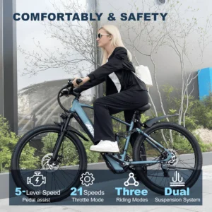 26'' electric bike for adults,750w peak motor mountain ebike,25mph up to 40miles,7 speed,shock absorbers,commuter e bike