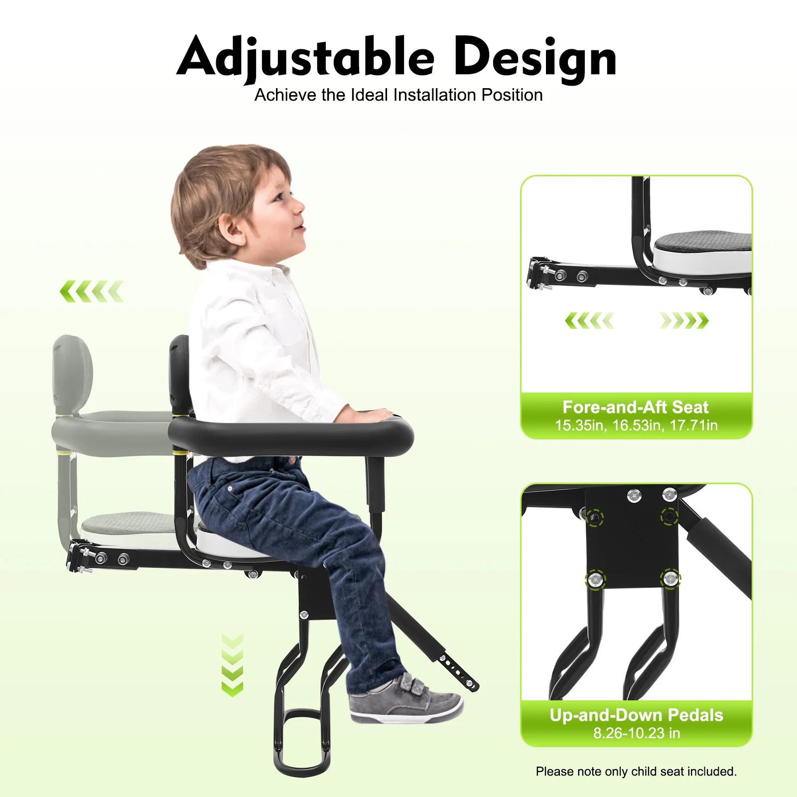 front mounted kids bike seat, dual point fixation bicycle mounted children carrier load 80kg, safety guardrails chair for e bike front mounted kids bike seat, dual point fixation bicycle mounted children carrier load 80kg, safety guardrails chair for e bike