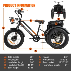 24 inch 3 wheel fat tire electric cargo bike mountain for men 48v 750w powerful electric tricycle for adults lithium battery