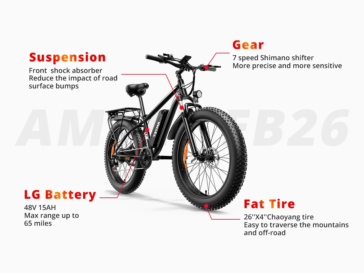 AMYET EB26 Electric Bike for Adults 1000W Electric Bicycle 48V 15AH E Bike 26" Fat Tire Mountain 31mph Dual Shock Absorber Ebike Kf S7eb1fd05febd4b198dd5eea46cffa34c6