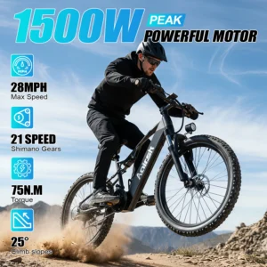 eletric bike for adults 21 speed mountain lightweight ebike with peak 1500w 28mph motor,48v20ah,26'' tire e mtb,up to 65 miles